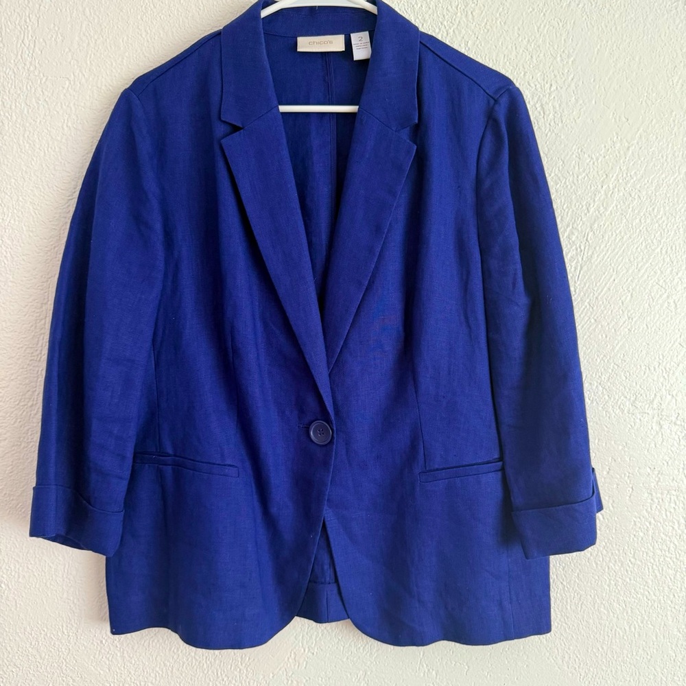 Chico’s Linen Blazer Size 2 Large Royal Blue Lightweight Button Classic Casual